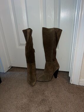 Vince Camuto Olive Suede Knee-High Stacked Heel Boots